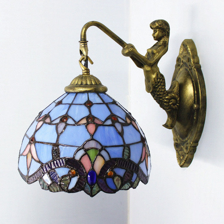 Tiffany Mermaid Base Iron Glass 1-Light Wall Sconce Lamp