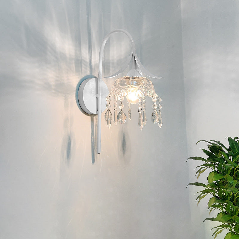 Iron Flower Glass Shade Crystal 1-Light Wall Sconce Lamp