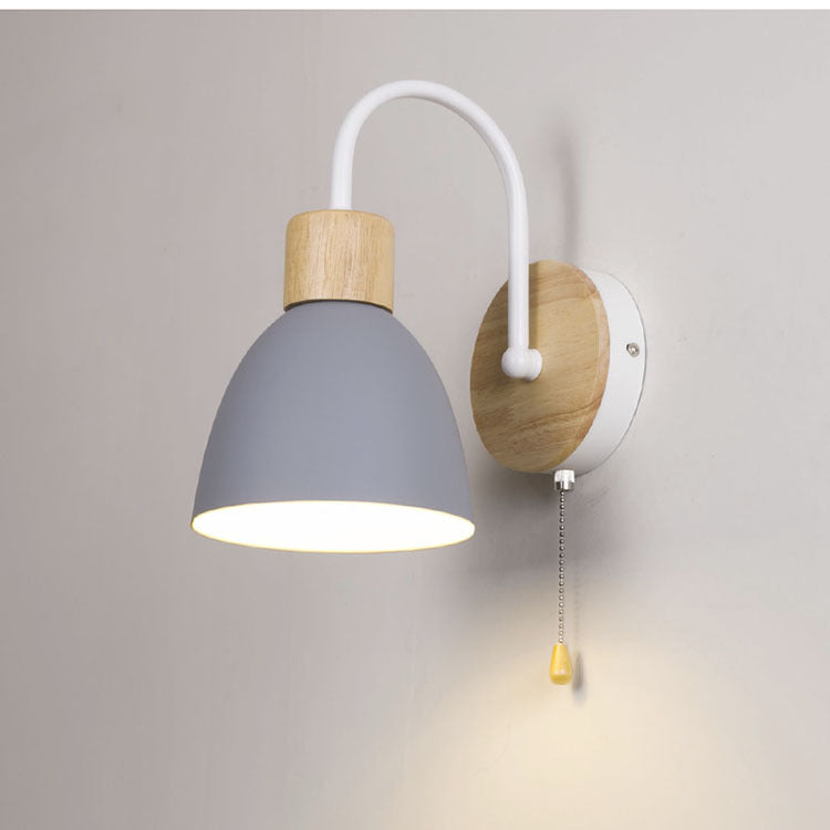 Macaron Pole Round Cup Iron Wood 1-Light Wall Sconce Lamp