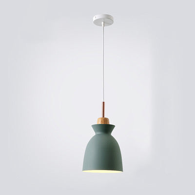 Contemporary Nordic Oak Wood Iron Bell Cone Dome 1-Light Pendant Light For Living Room