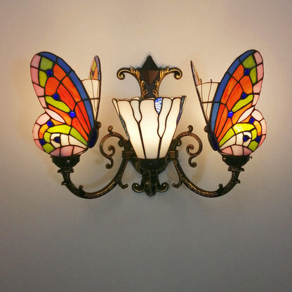 Tiffany Butterfly Alloy Iron Glass 3-Light Wall Sconce Lamp