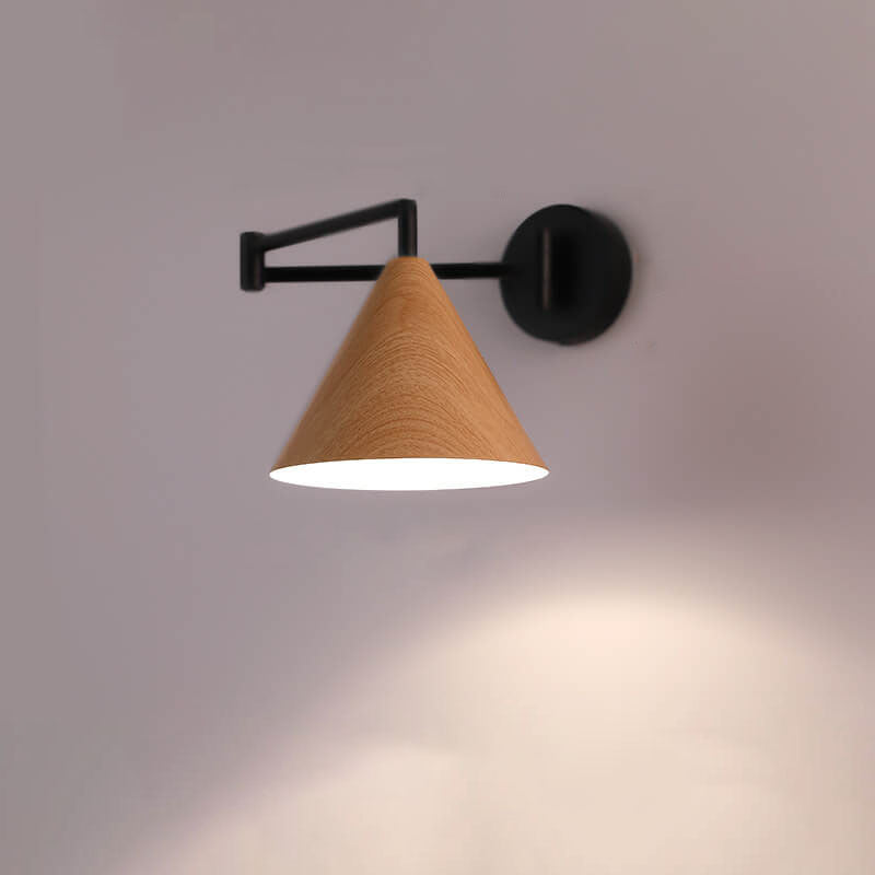 Nordic Minimalist Cone Swing Arm Wood Grain Wall Sconce