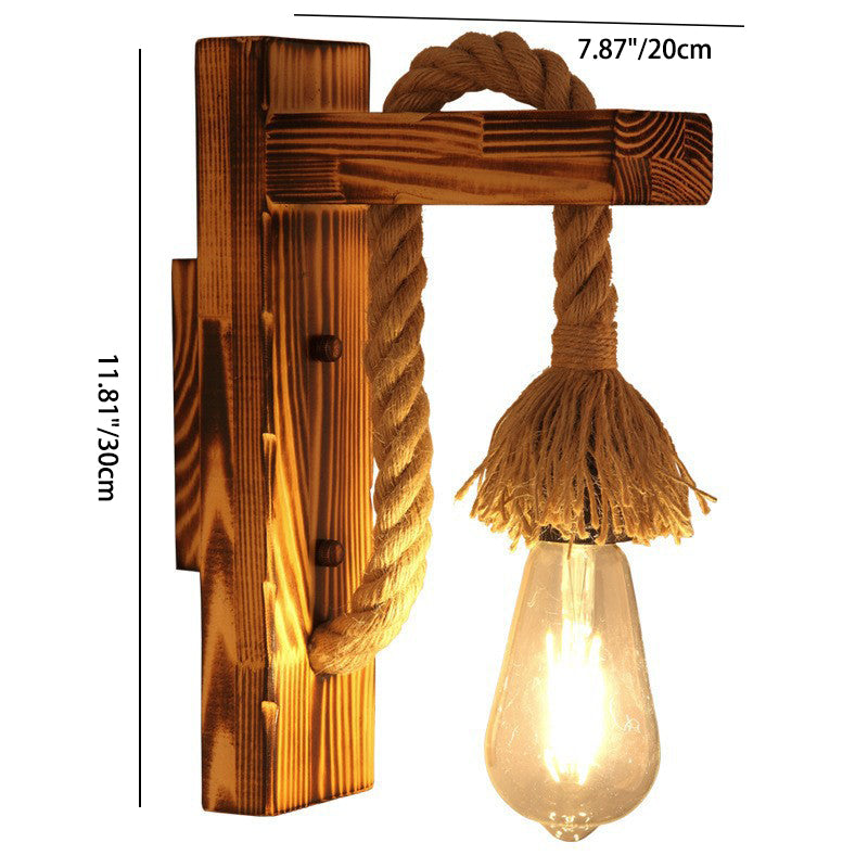 Wood Rope Iron Glass Cubic Pendant 1-Light Wall Sconce Lamp