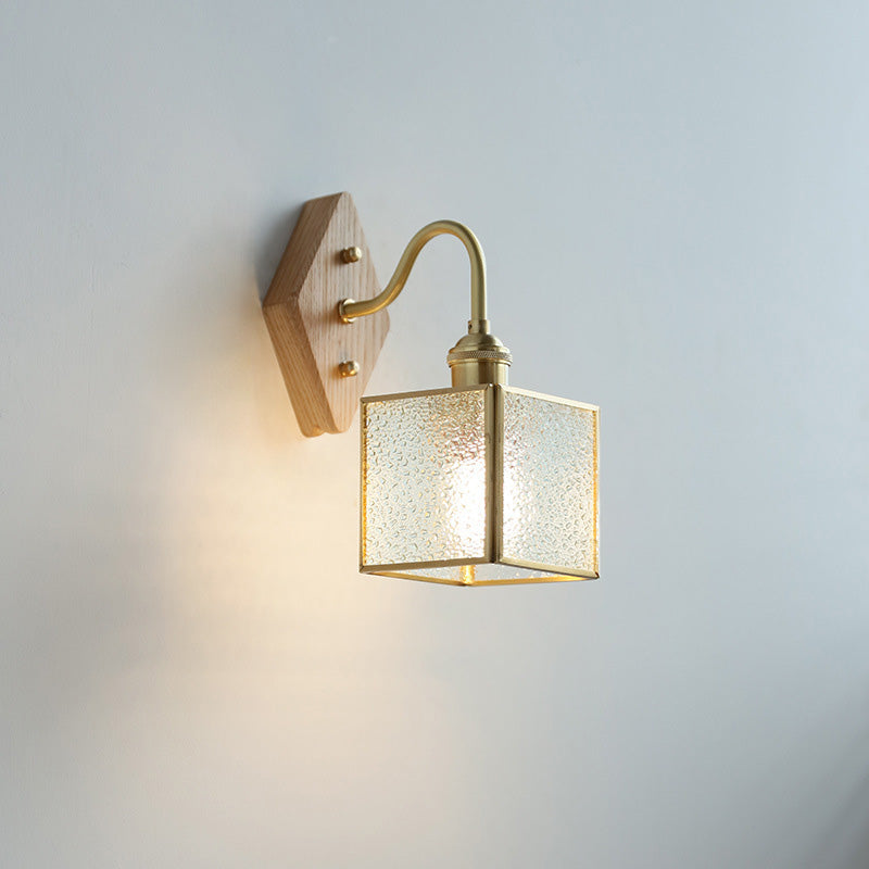 Square Copper Glass Wood 1-Light Wall Sconce Lamp