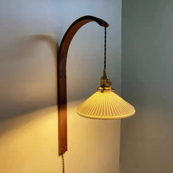 Japanese Shade Wood Curved Pole 1-Light Wall Sconce Lamp