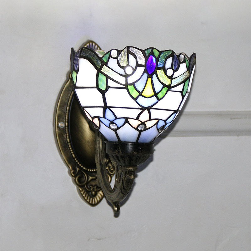 Tiffany Glass Iron Round Bowl 1-Light Wall Sconce Lamp