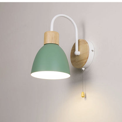Macaron Pole Round Cup Iron Wood 1-Light Wall Sconce Lamp