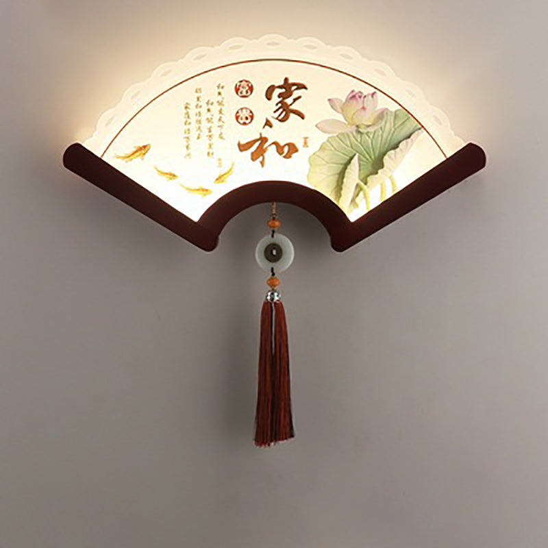 Chinese Elements Shade Wooden Edge LED Wall Sconce Lamp