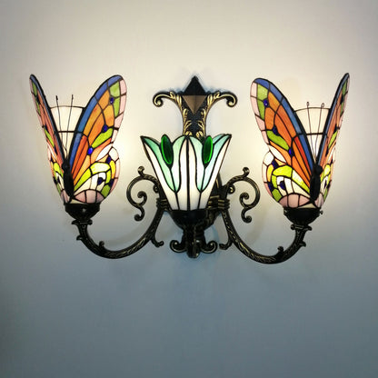 Tiffany Butterfly Alloy Iron Glass 3-Light Wall Sconce Lamp