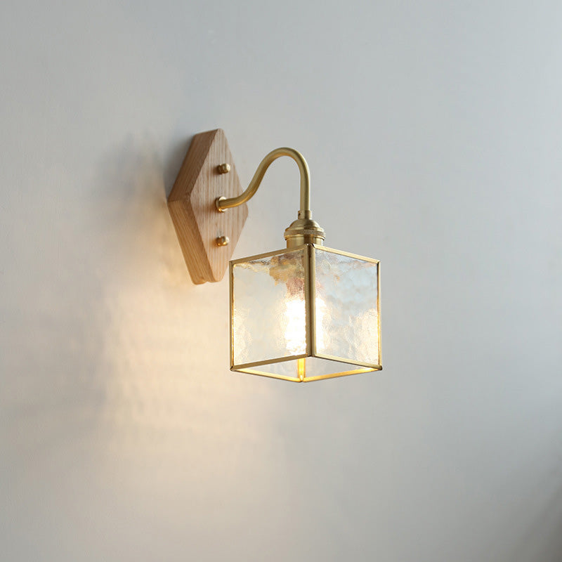 Square Copper Glass Wood 1-Light Wall Sconce Lamp