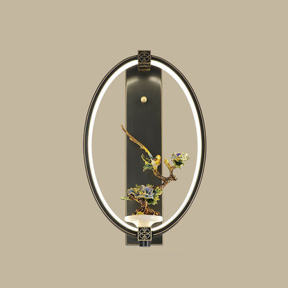 Chinese Jade Copper Square Oval 1- Light Wall Sconce Lamp