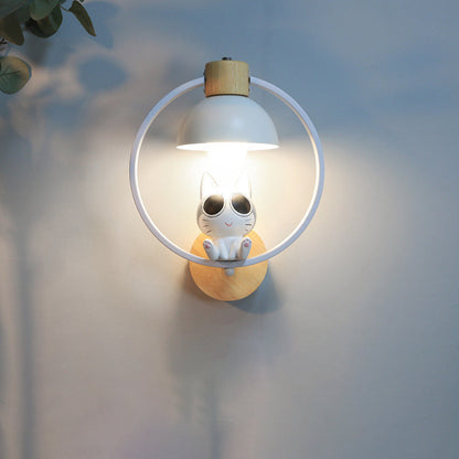 Wood Iron Resin Round Cartoon Cat 1-Light Wall Sconce Lamp