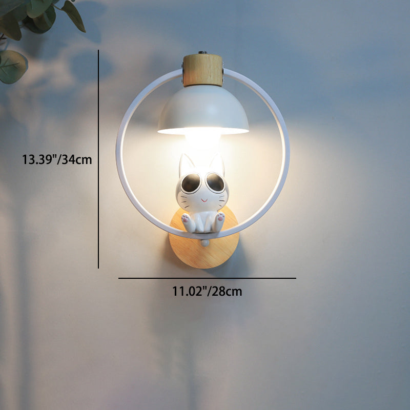 Wood Iron Resin Round Cartoon Cat 1-Light Wall Sconce Lamp