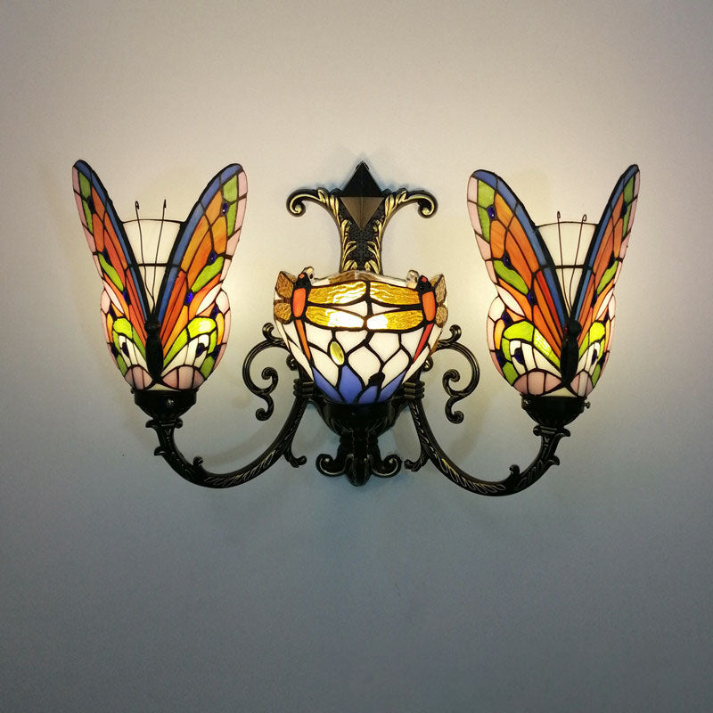 Tiffany Butterfly Alloy Iron Glass 3-Light Wall Sconce Lamp
