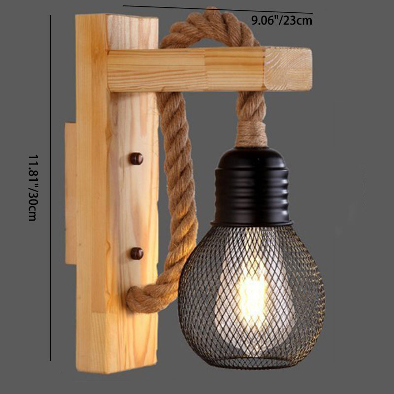 Wood Rope Iron Glass Cubic Pendant 1-Light Wall Sconce Lamp