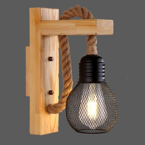 Wood Rope Iron Glass Cubic Pendant 1-Light Wall Sconce Lamp