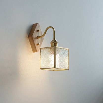 Square Copper Glass Wood 1-Light Wall Sconce Lamp