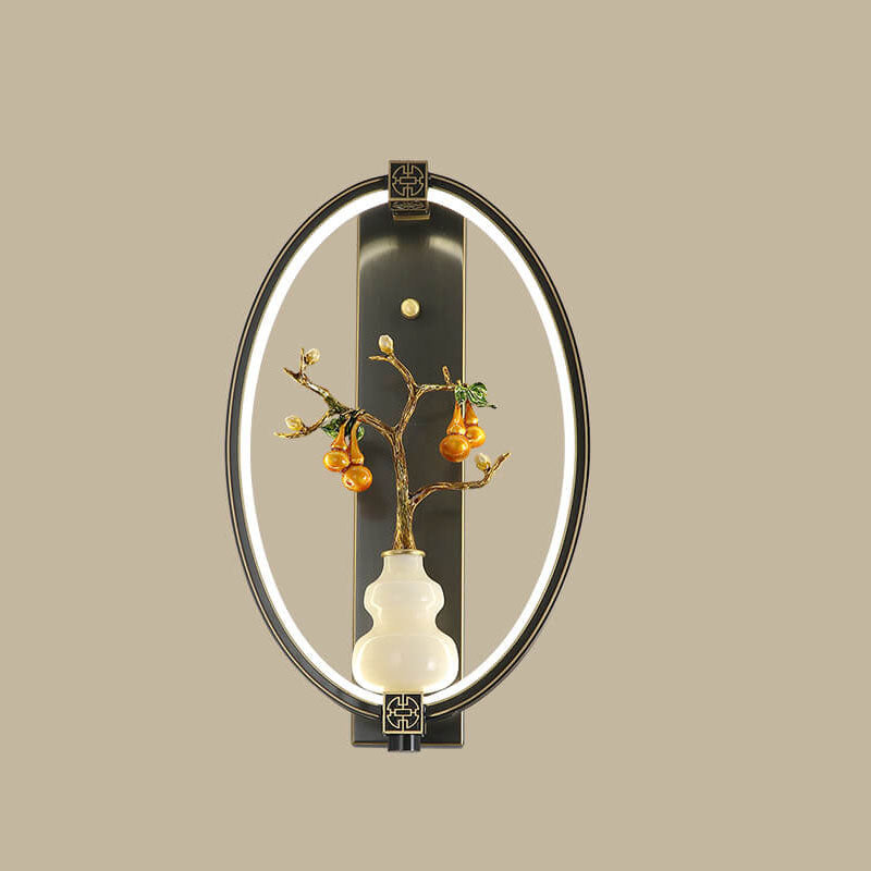 Chinese Jade Copper Square Oval 1- Light Wall Sconce Lamp