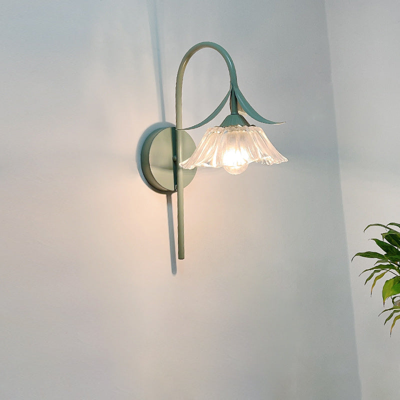 Iron Flower Glass Shade Crystal 1-Light Wall Sconce Lamp