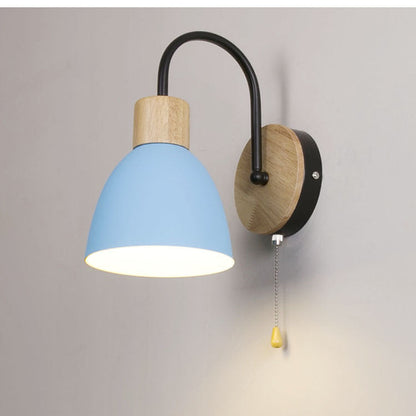 Macaron Pole Round Cup Iron Wood 1-Light Wall Sconce Lamp
