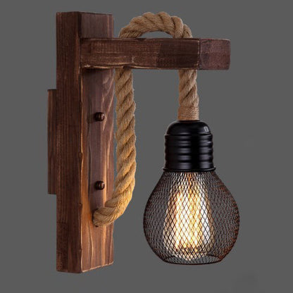 Wood Rope Iron Glass Cubic Pendant 1-Light Wall Sconce Lamp