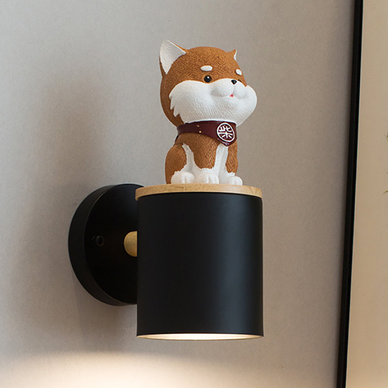 Resin Puppy Iron Cylinder Shade 1-Light Wall Sconce Lamp