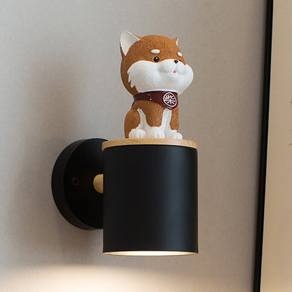 Resin Puppy Iron Cylinder Shade 1-Light Wall Sconce Lamp