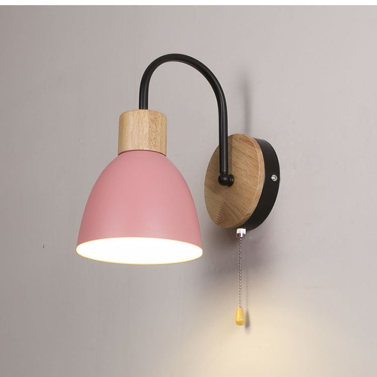 Macaron Pole Round Cup Iron Wood 1-Light Wall Sconce Lamp