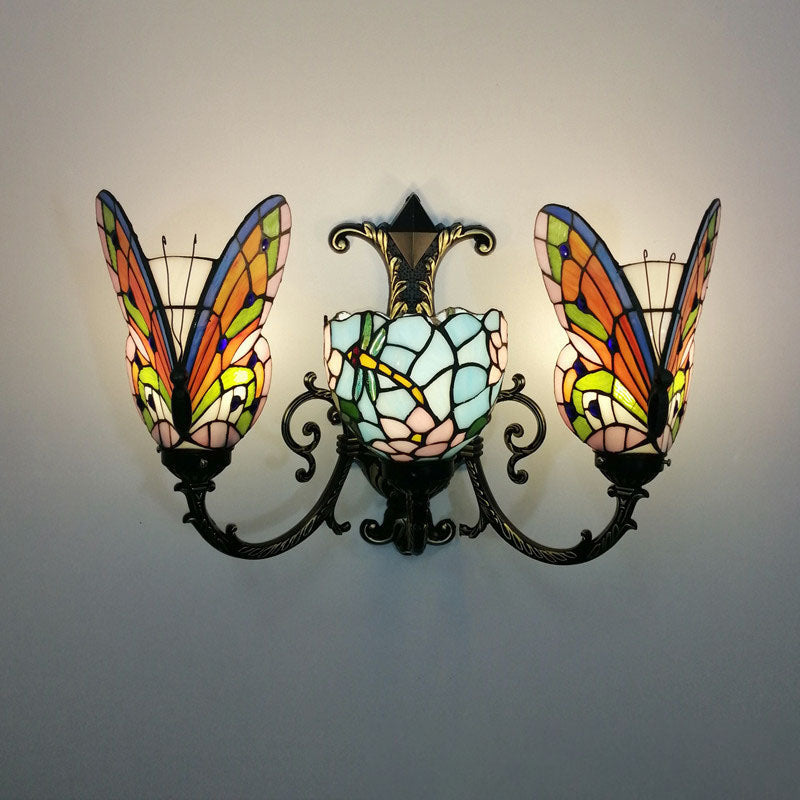 Tiffany Butterfly Alloy Iron Glass 3-Light Wall Sconce Lamp