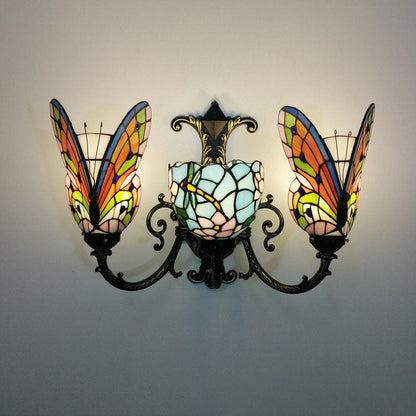 Tiffany Butterfly Alloy Iron Glass 3-Light Wall Sconce Lamp
