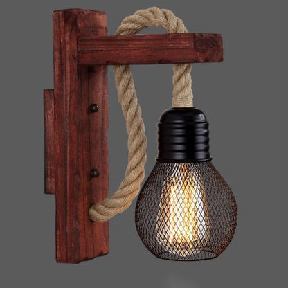 Wood Rope Iron Glass Cubic Pendant 1-Light Wall Sconce Lamp