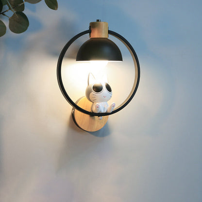 Wood Iron Resin Round Cartoon Cat 1-Light Wall Sconce Lamp