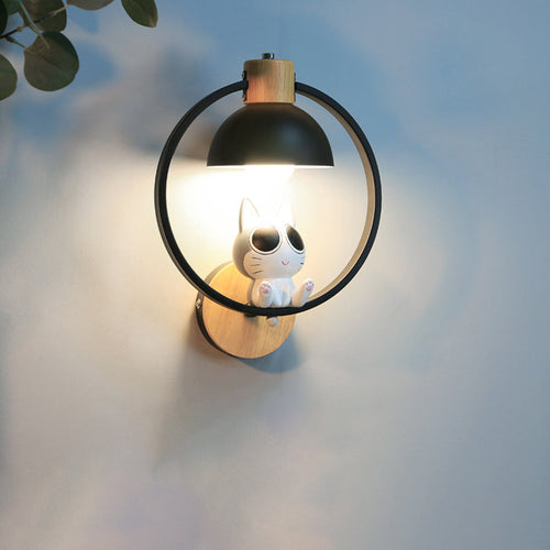 Wood Iron Resin Round Cartoon Cat 1-Light Wall Sconce Lamp