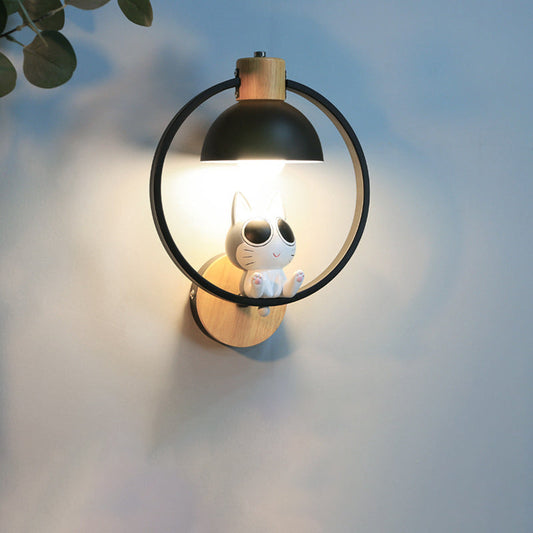 Wood Iron Resin Round Cartoon Cat 1-Light Wall Sconce Lamp