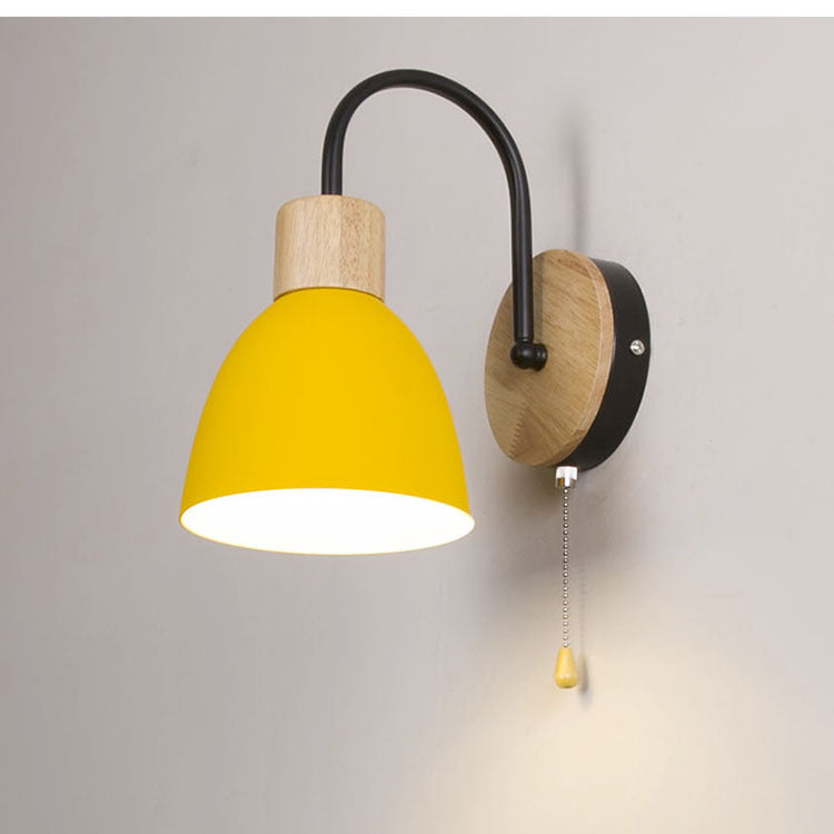 Macaron Pole Round Cup Iron Wood 1-Light Wall Sconce Lamp