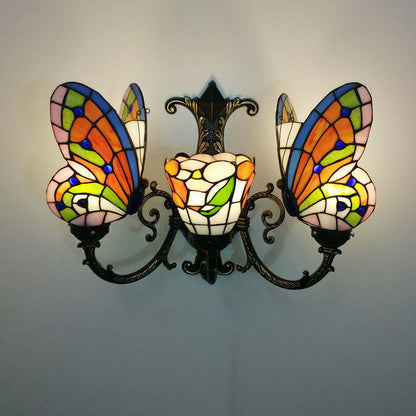 Tiffany Butterfly Alloy Iron Glass 3-Light Wall Sconce Lamp