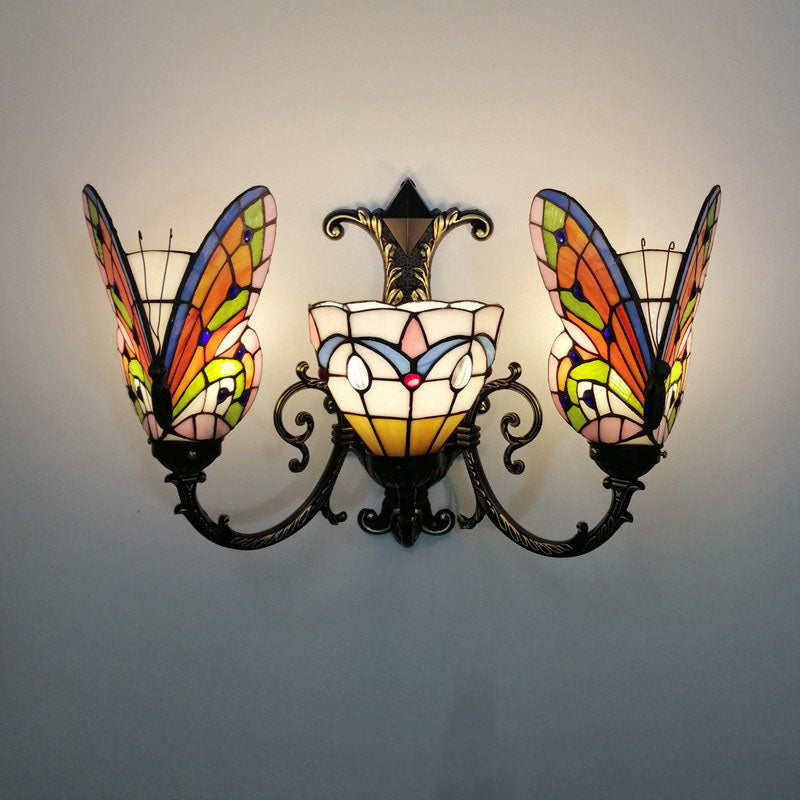 Tiffany Butterfly Alloy Iron Glass 3-Light Wall Sconce Lamp