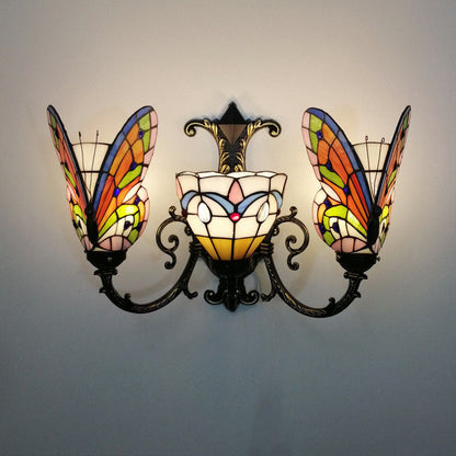 Tiffany Butterfly Alloy Iron Glass 3-Light Wall Sconce Lamp