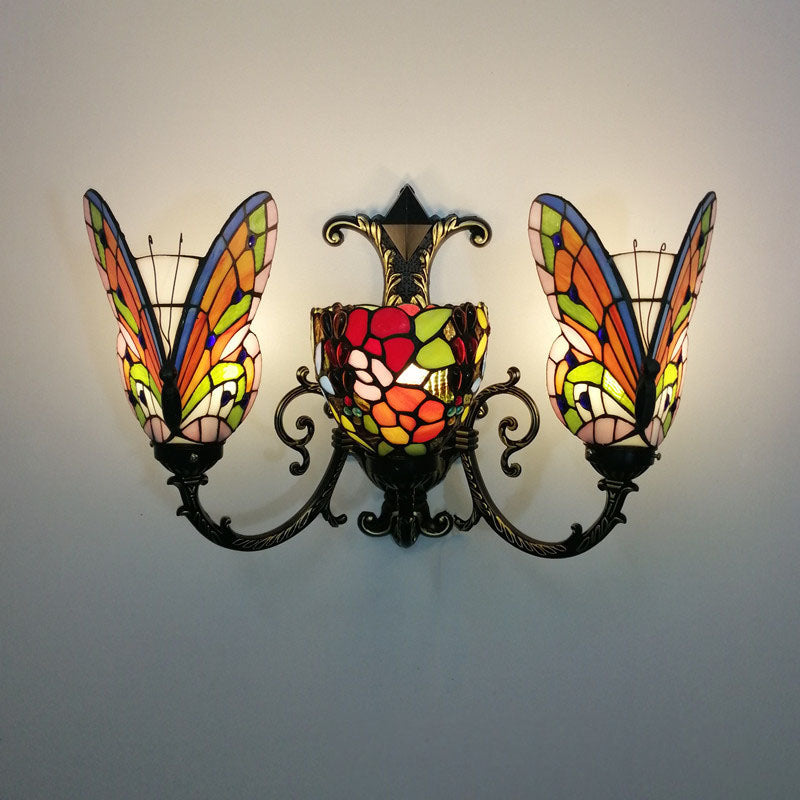 Tiffany Butterfly Alloy Iron Glass 3-Light Wall Sconce Lamp