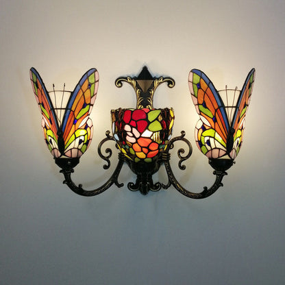 Tiffany Butterfly Alloy Iron Glass 3-Light Wall Sconce Lamp