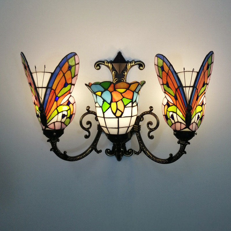 Tiffany Butterfly Alloy Iron Glass 3-Light Wall Sconce Lamp