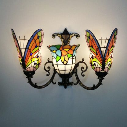 Tiffany Butterfly Alloy Iron Glass 3-Light Wall Sconce Lamp