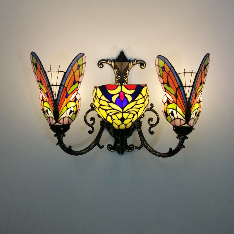 Tiffany Butterfly Alloy Iron Glass 3-Light Wall Sconce Lamp
