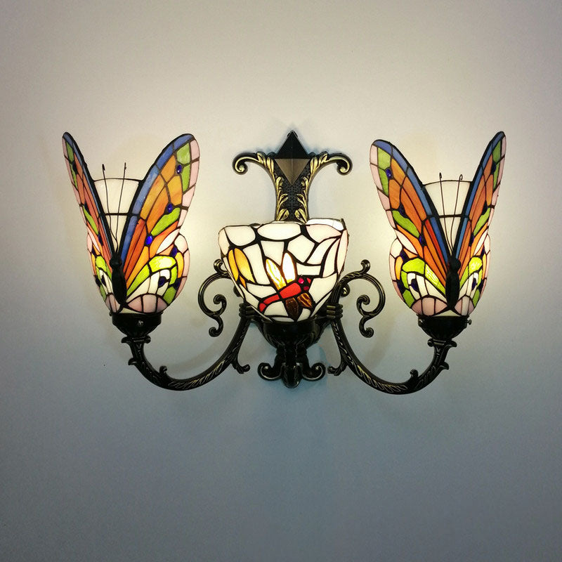 Tiffany Butterfly Alloy Iron Glass 3-Light Wall Sconce Lamp