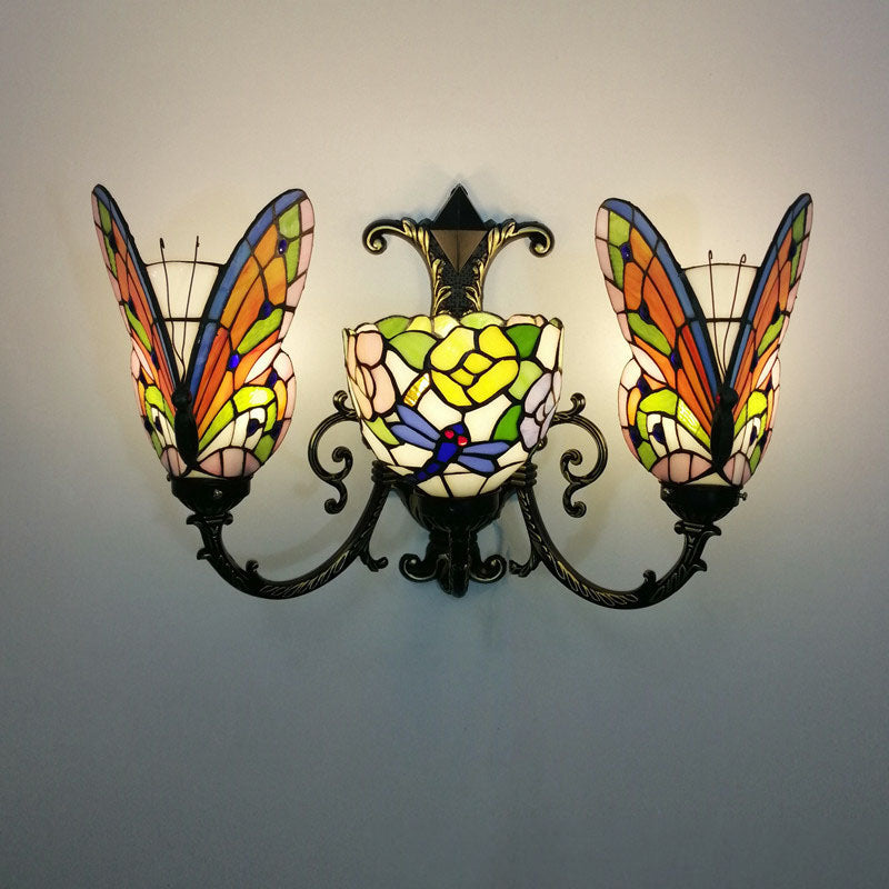 Tiffany Butterfly Alloy Iron Glass 3-Light Wall Sconce Lamp