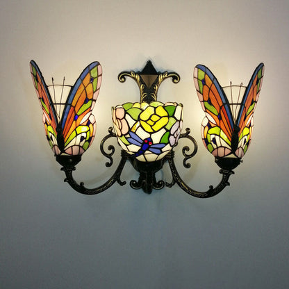 Tiffany Butterfly Alloy Iron Glass 3-Light Wall Sconce Lamp
