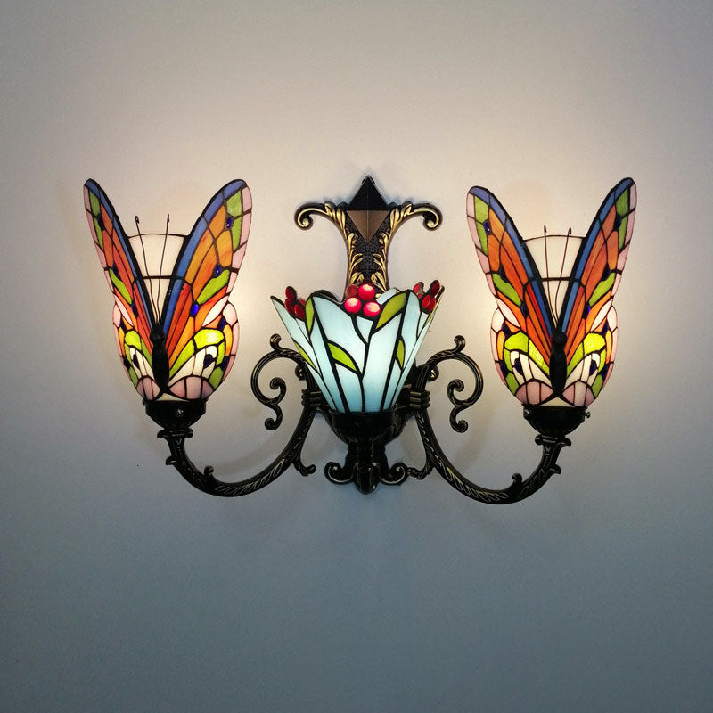 Tiffany Butterfly Alloy Iron Glass 3-Light Wall Sconce Lamp