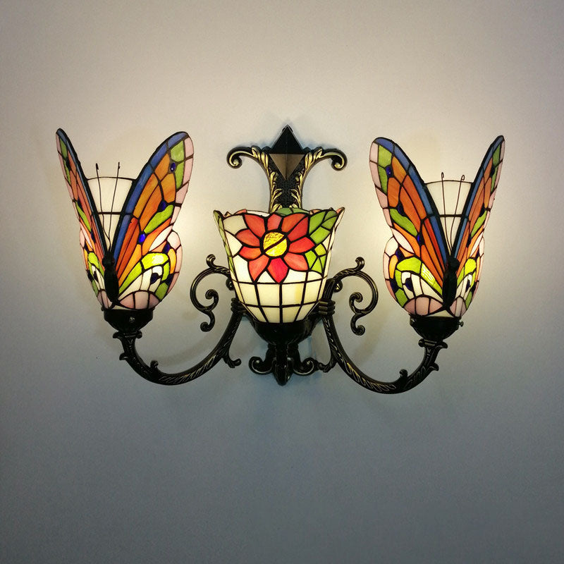 Tiffany Butterfly Alloy Iron Glass 3-Light Wall Sconce Lamp