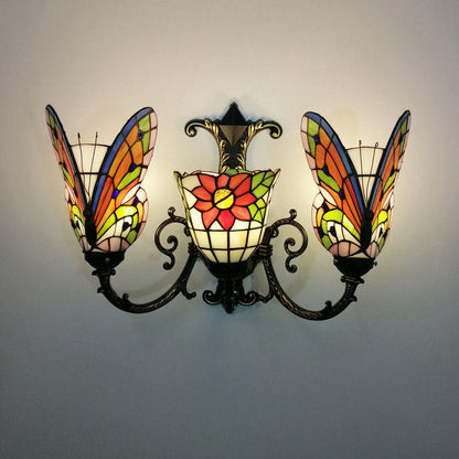 Tiffany Butterfly Alloy Iron Glass 3-Light Wall Sconce Lamp