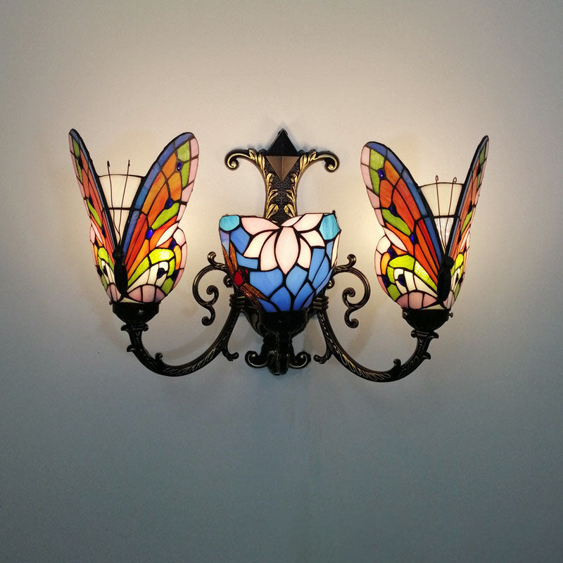 Tiffany Butterfly Alloy Iron Glass 3-Light Wall Sconce Lamp
